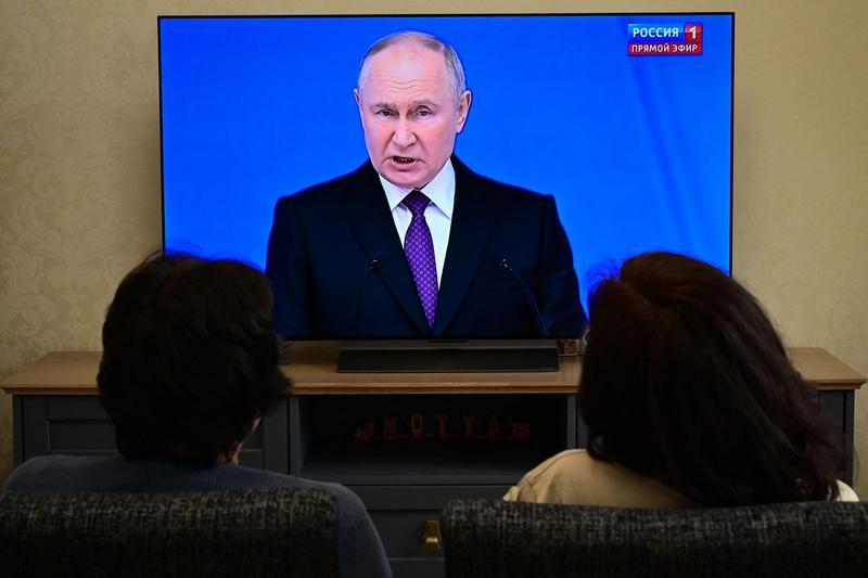 Vladimir Putin, în timpul unui mesaj televizat din februarie 2024, Foto: Yuri Kadobnov / AFP / Profimedia Images