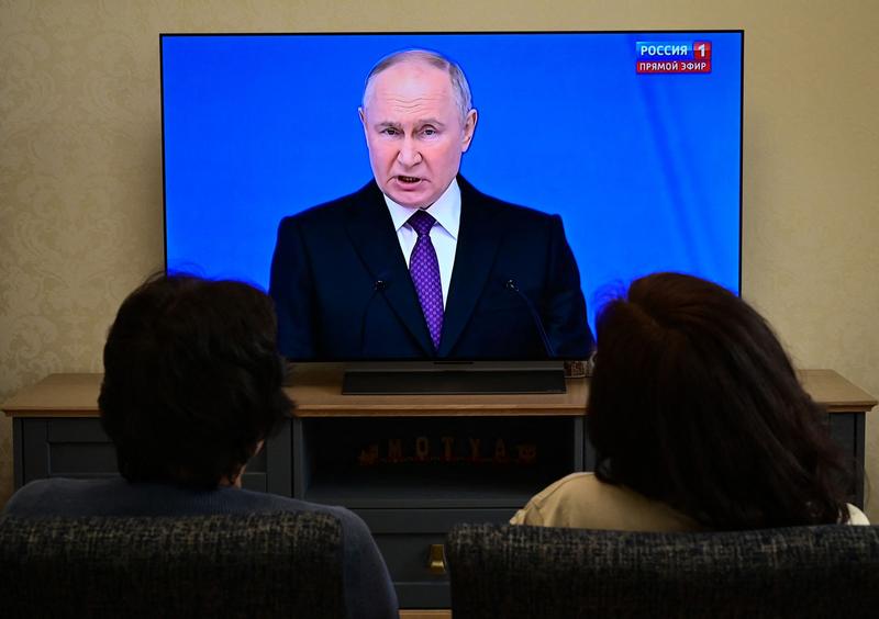 Vladimir Putin, în timpul unui mesaj televizat din februarie 2024, Foto: Yuri Kadobnov / AFP / Profimedia Images