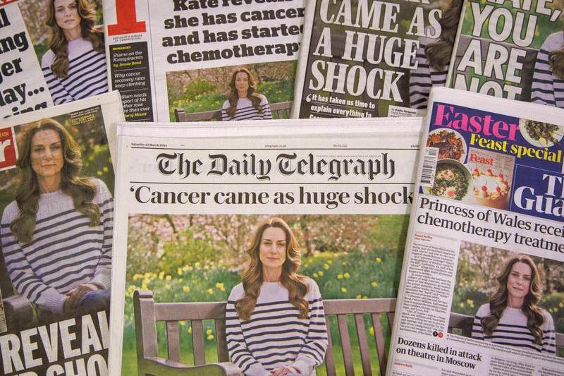 Presa britanică, după ce Catherine, Prințesă de Wales a anunțat că urmează un tratament pentru cancer, Foto: Mark Thomas / Alamy / Alamy / Alamy / Profimedia
