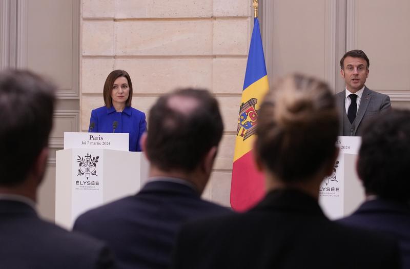 Maia Sandu a sustinut o conferinta de presa comuna cu presedintele Emmanuel Macron, Foto: Christophe Ena / AP - The Associated Press / Profimedia