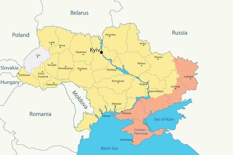 Harta Ucrainei, cu teritoriile ocupate de ruși, Donbas și Crimeea. In vest, cu gri, raionul Lviv, Foto: Adobe Stock