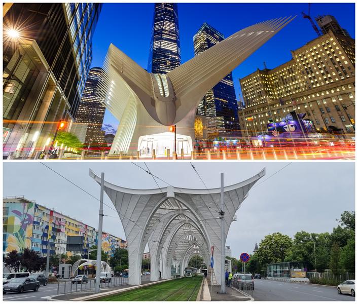 Cele două construcții, Oculus din New York, realizat de Calatrava și copia din București, unde primăria a spus că s-a inspirat din Calatrava., Foto: Colaj foto: Hotnews / Catiușa Ivanov / Roberto Machado Noa / Shutterstock Editorial / Profimedia