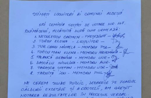 Scrisoarea comisiei sectiei de votare Buimaceni Foto: Hotnews