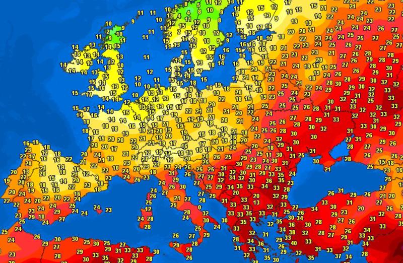 Temperaturi in Europa in 10 iunie 2024 la pranz, Foto: Meteociel