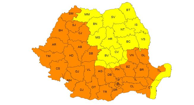 Cod portocaliu de caniculă, joi, 11 iulie. FOTO: ANM
