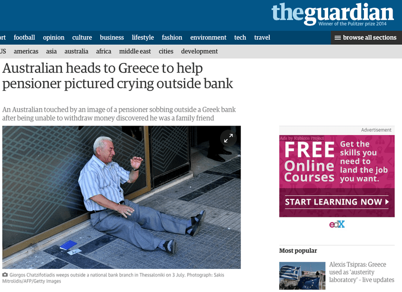 Un australian il va ajuta pe grecul fotografiat plangand in fata unei banci, Foto: The Guardian