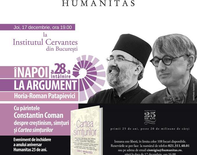 Parintele Constantin Coman invitat la Inapoi la argument ..., Foto: Librariile Humanitas