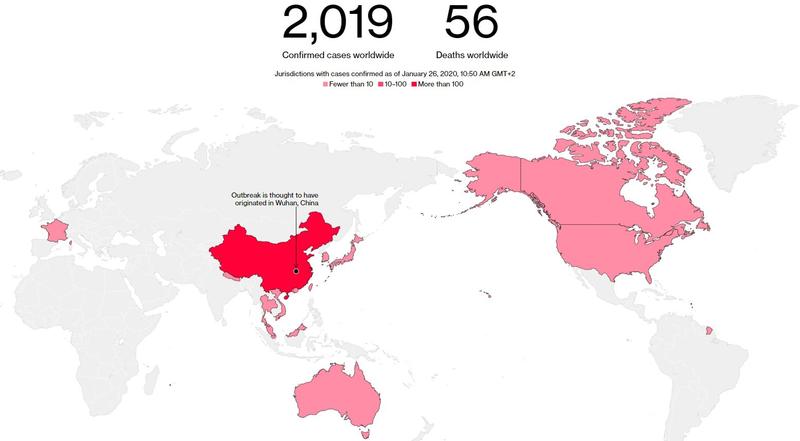 Harta infectiilor cu coronavirus, Foto: bloomberg.com