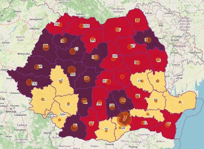 Cazuri noi de COVID-19 pe judete - 25 octombrie, Foto: geo-spatial.org
