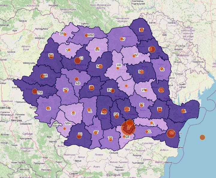 Cazuri noi de coronavirus in 24 de ore - topul judetelor - 28 noiembrie, Foto: geo-spatial.org