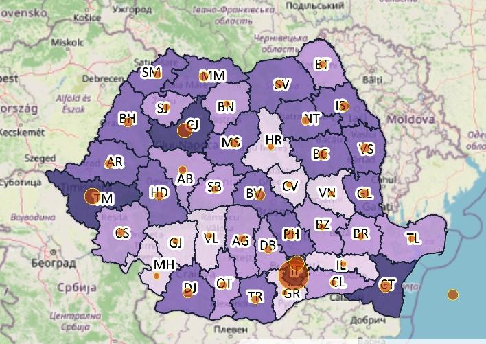 Cazuri noi de coronavirus in 24 de ore - topul judetelor - 13 ianuarie, Foto: geo-spatial.org