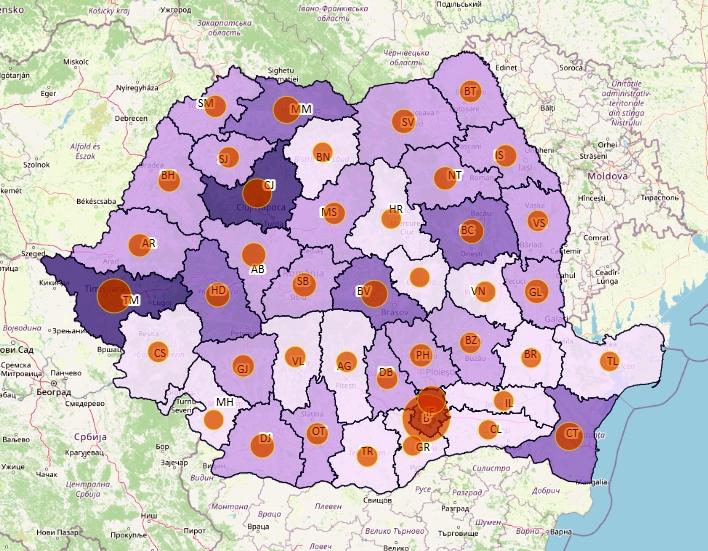Cazuri noi de coronavirus in 24 de ore - topul judetelor - 11 februarie, Foto: geo-spatial.org
