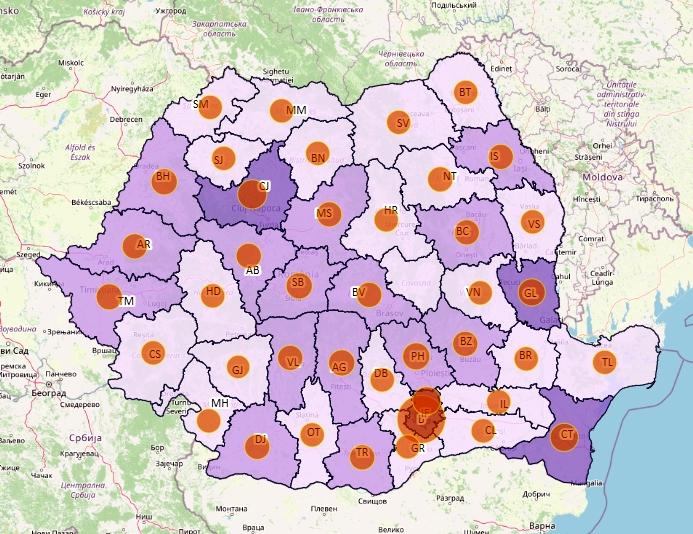 Cazuri noi de coronavirus in 24 de ore - topul judetelor 20 aprilie, Foto: geo-spatial.org