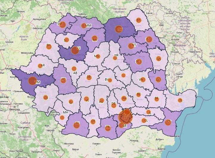 Cazuri noi de coronavirus - top judete 2 septembrie - harta, Foto: geo-spatial.org