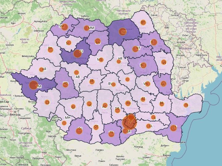 Cazuri noi de coronavirus - top judete 2 septembrie - harta, Foto: geo-spatial.org