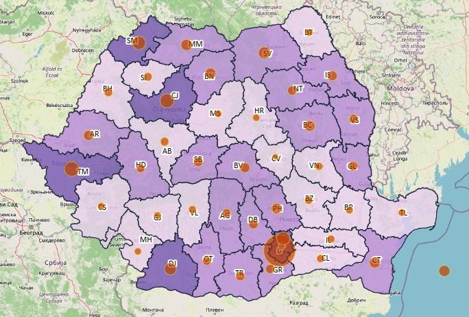 Harta cazuri noi COVID - judete - 8 septembrie 2021, Foto: geo-spatial.org