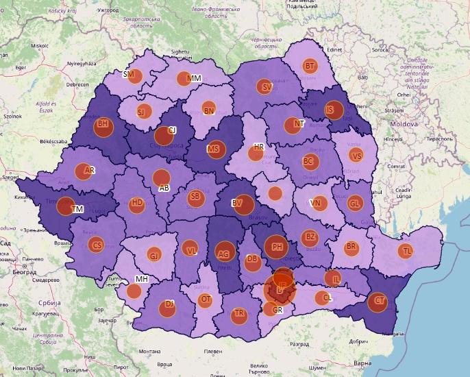 Cazuri noi COVID pe judete - harta - 27 octombrie 2021, Foto: geo-spatial.org