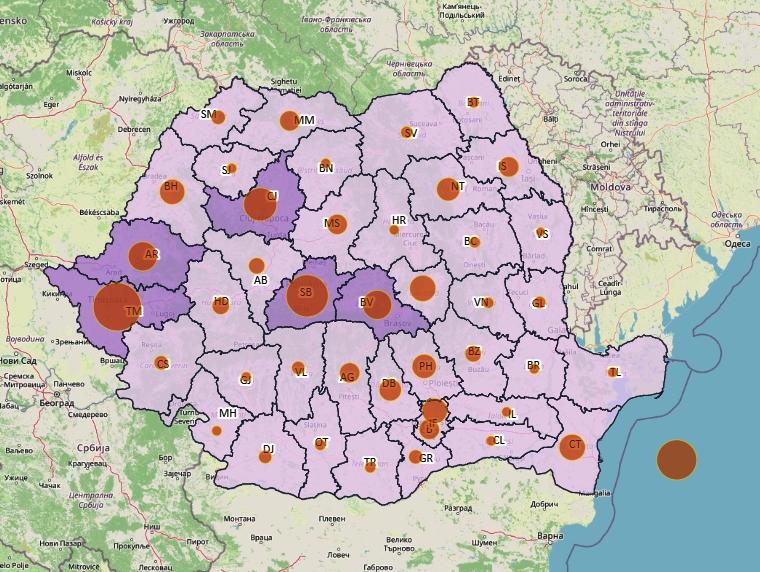 Cazuri noi COVID pe judete - harta - 3 decembrie 2021, Foto: geo-spatial.org