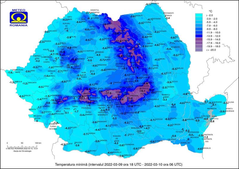 Temperaturile minime pe 10 martie 2022, Foto: ANM