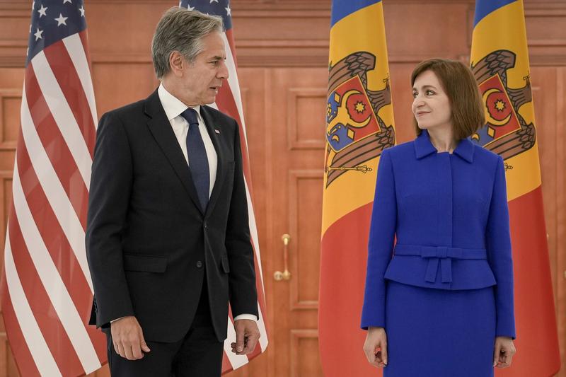 Secretarul de stat al Statelor Unite, Antony Blinken, alături de președinta Republicii Moldova, Maia Sandu, la Palatul prezidențial din Chișinău, Republica Moldova, miercuri, 29 mai 2024., Foto: Vadim Ghirda / AP / Profimedia