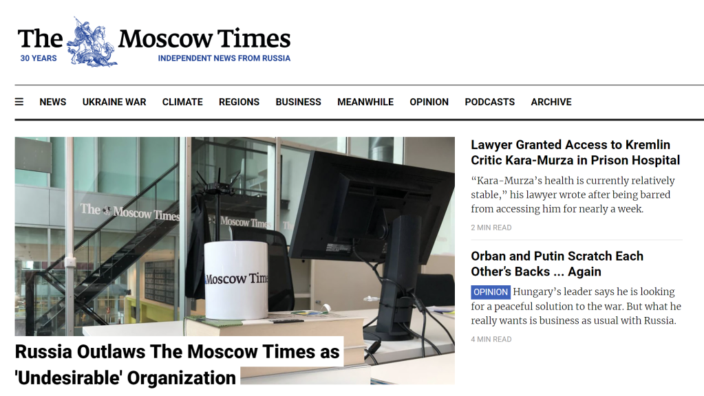 Site-ul de stiri Moscow Times în ziua în care a fost catalogat ca „indezirabil” de către Rusia / Captură