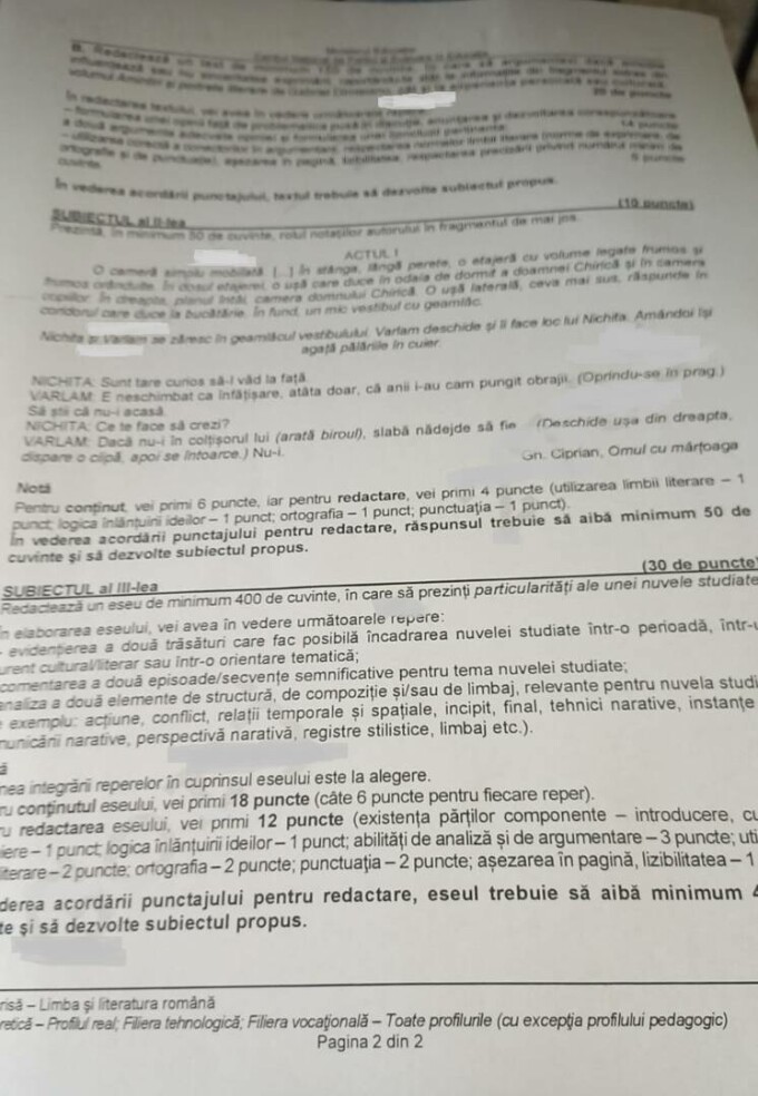 Subiecte română BAC 2024, profil real / Sursă: stirileprotv.ro