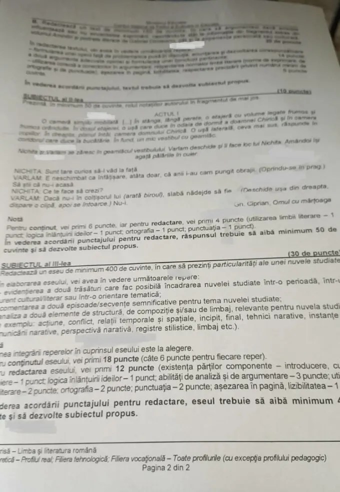 Subiecte română BAC 2024, profil real / Foto: stirileprotv.ro