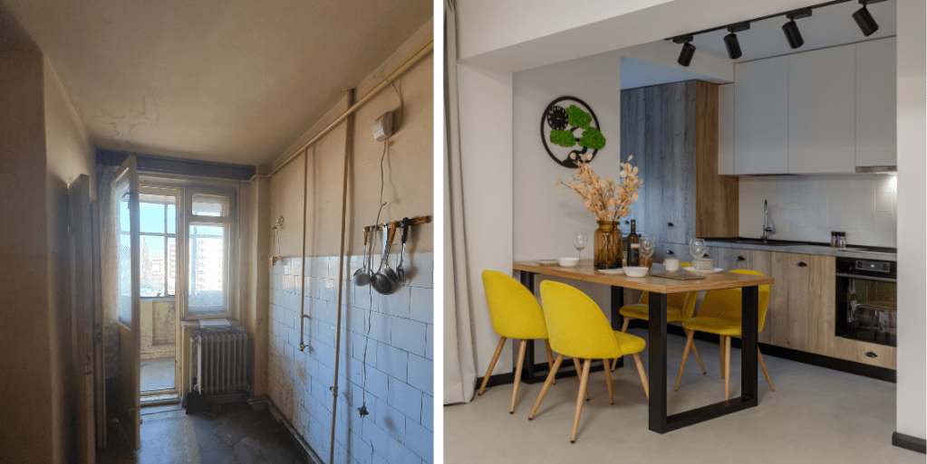 Apartamentul de două camere și 60 metri pătrați e în Brăila, situat într-un bloc din anii 50.