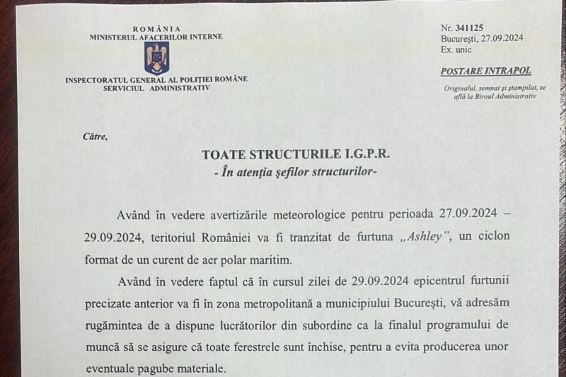 Document intern al Poliției Române: Vine un ciclon, „aer polar maritim”. Toate calculatoarele să fie scoase din priză