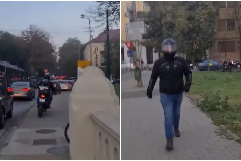 Poliţist filmat când merge cu motocicleta pe trotuar, pentru a evita traficul, la Timișoara. E cercetat disciplinar de colegi