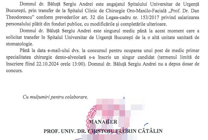 Răspunsul lui Cătălin Cîrstoiu, managerul Spitalului Universitar