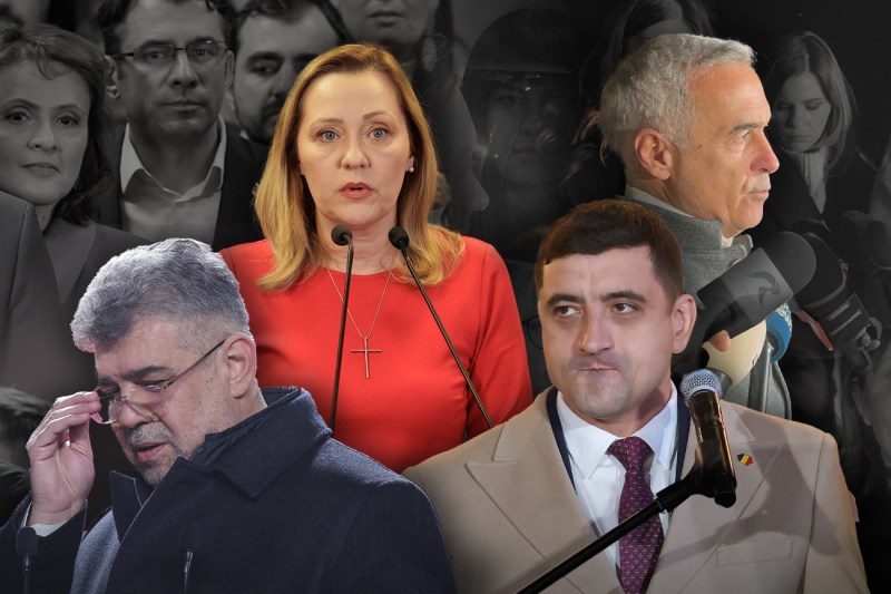 Marcel Ciolacu, Elena Lasconi, George Simion și Călin Georgescu, după afișarea rezultatelor exit poll la alegerile prezidențiale, 24 noiembrie 2024. Foto: Inquam Photos și Hotnews