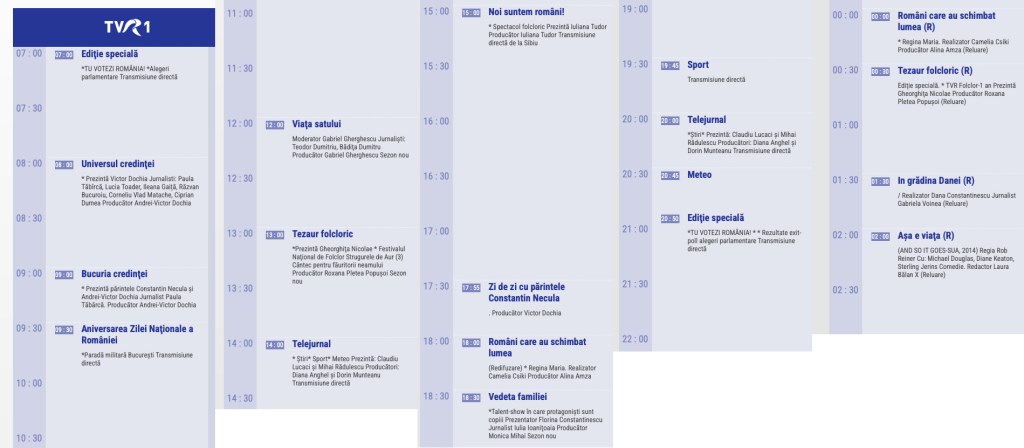 Captură a programului TVR1 pentru duminică, 1 decembrie