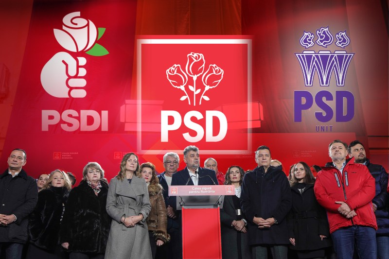 Liderii PSD fac declarații la afișarea rezultatelor exit-poll pentru alegerile parlamentare, 1 decembrie 2024 și siglele Partidelor Social Democrat Independent și Unit. Colaj Hotnews. Inquam Photos / Octav Ganea