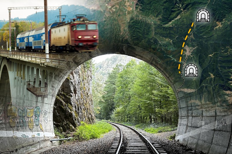 Tunel feroviar în România. Colaj: Ion Mateș / Hotnews. Foto: Shutterstock