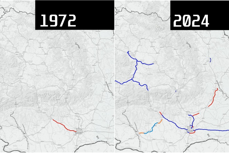 ANIMAȚIE Cum arată pe hartă inaugurările de autostrăzi din România în fiecare an din 1972 și până în prezent: 2024 a fost anul record