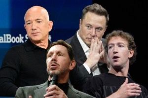 De la stânga: Jeff Bezos, Larry Ellison, Elon Musk și Mark Zuckerberg. Colaj: Ion Mateș / Hotnews. Foto: Profimedia