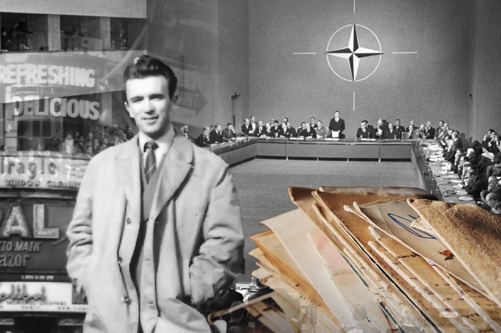 În stânga, Mihai Caraman, ofițer al Direcției de Informații Externe a Securității. Dreapta: conferința NATO din Paris, decembrie 1959. Colaj: Ion Mateș / Hotnews. Foto: TVR, Profimedia