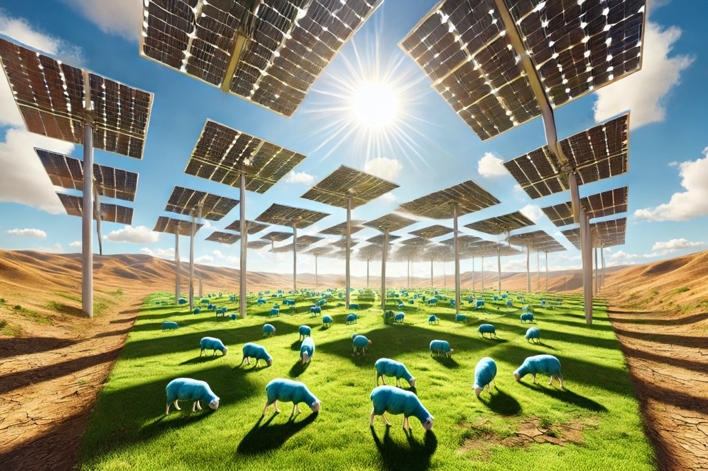 Oi care pasc sub panouri solare. Imagine generată cu ajutorul inteligenței artificiale.