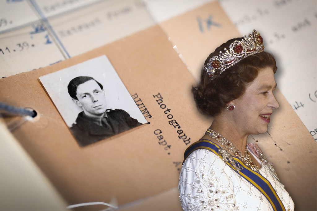 Regina Elisabeta II, dreapta și o fotografie a lui Anthony Blunt care a mărturisit că acționa ca spion sovietic. Colaj: Ion Mateș / Hotnews. Foto: Profimedia