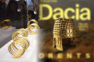 Exponate din cadrul expoziției Aurul și argintul antic al României, stânga, Inquam Photos / Bogdan Dănescu și coiful de aur de la Coțofenești. Colaj: Ion Mateș / Hotnews