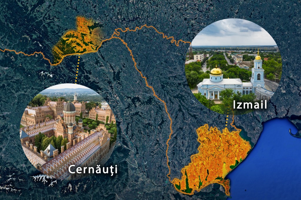 Nord-vest: regiunea Bucovinei de Nord. Sud-est: regiunea Basarabiei de sud. Grafică: Ion Mateș / Hotnews. Foto: Shutterstock și Dreamstime