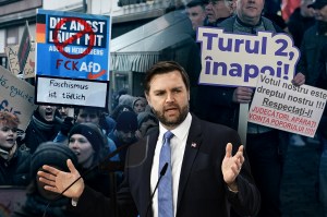 JD Vance, în timpul discursului în Munchen. Fundal» proteste înaintea alegerilor generale din Germania și prezidențiale din România. Colaj: Ion Mateș / Hotnews. Foto: Profimedia, Inquam Photos