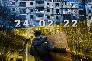 Un bărbat cară o placă OSB către un bloc afectat de bombardamente rusești, Zaporizhzhia, 23 ianuarie 2025. Colaj: Ion Mateș / Hotnews. Foto: Profimedia