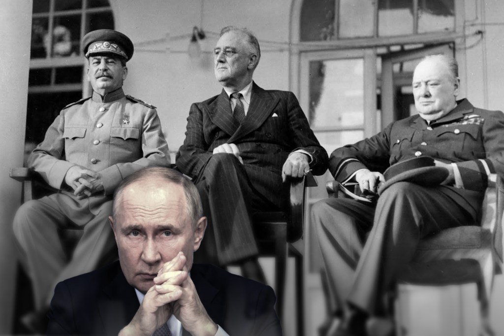 Conferința de la Ialta, 4-11 februarie 1945. Stânga: Iosif Stalin, Secretar General al Partidului Comunist Sovietic, Franklin D. Roosevelt, președintele american și premierul britanic Winston Churchill. Colaj: Ion Mateș / Hotnews. Foto: Pictorial Press Ltd / Alamy / Profimedia