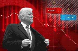 Donald Trump și scăderile pe bursă. Grafică: Hotnews. Foto: Profimedia, Shutterstock