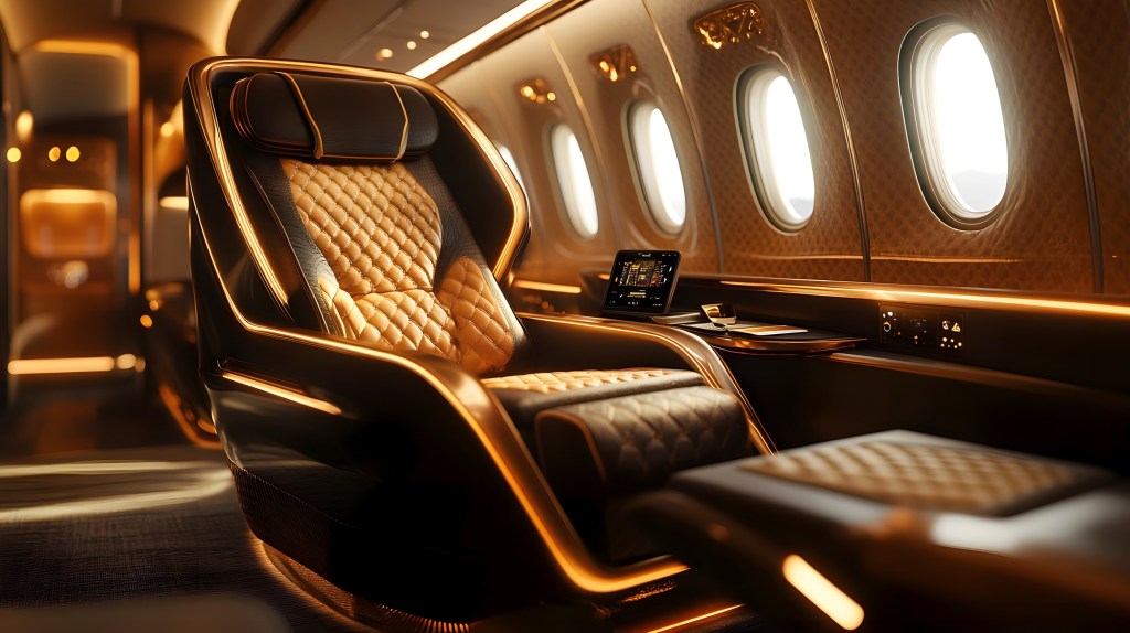 Scaun luxos din piele în clasa întâi a unui avion, cu iluminare ambientală și panou de control modern. Prim-plan. Generat de inteligența artificială. Sursa: Nataliia Osetrova | Dreamstime.com