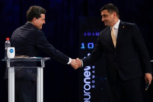 George Simion și Nicușor Dan, la dezbaterea prezidențială de la Euronews Foto: Inquam Photos / Malina Norocea