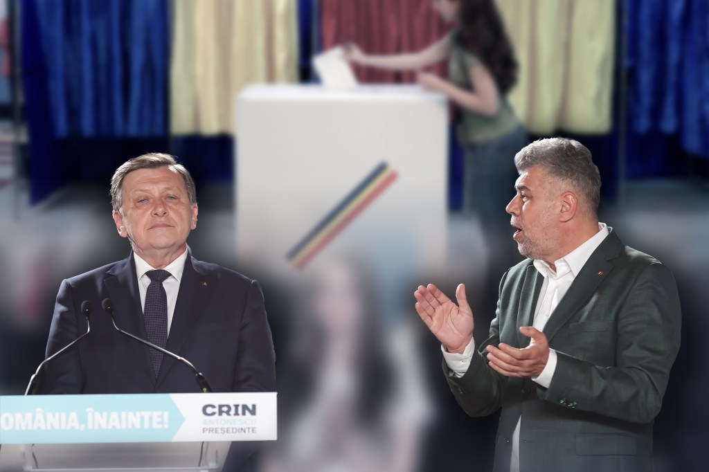 Crin Antonescu și Marcel Ciolacu la afișarea rezultatelor exit-poll ale turului I din 4 mai 2025. Colaj: Ion Mateș / Hotnews. Foto: Inquam Photos, Profimedia