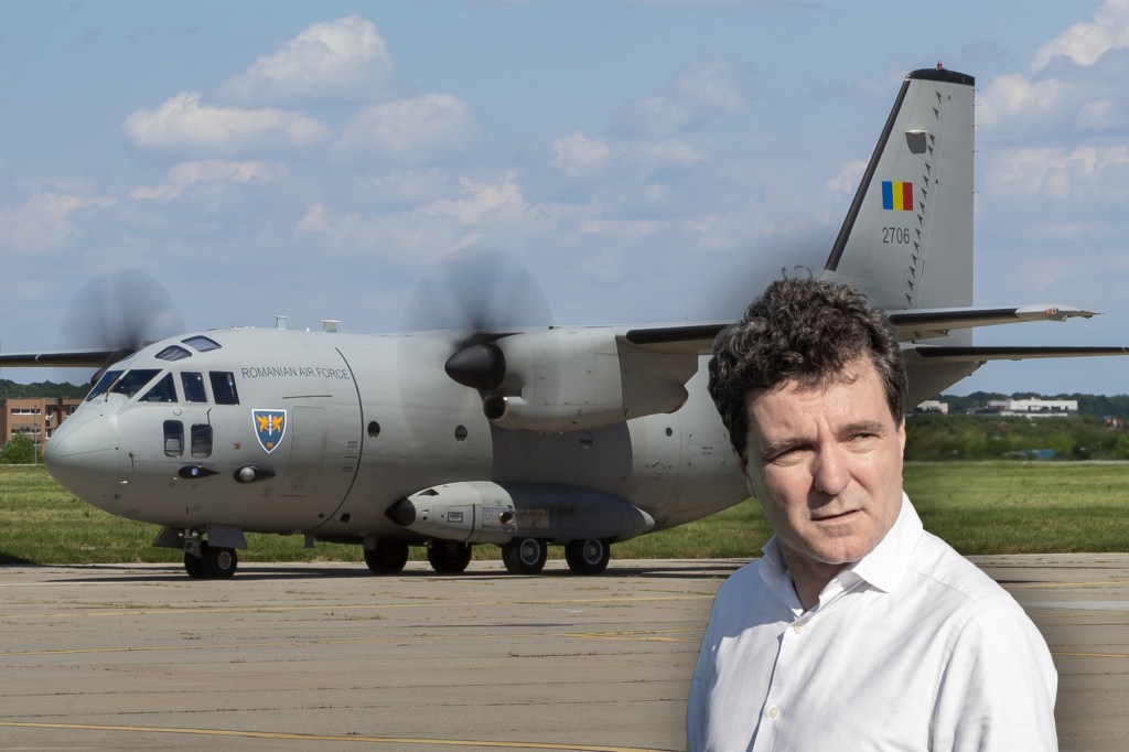 Nicușor Dan și aeronava cu care a zburat la Vilnius. Colaj: Ion Mateș / Hotnews. Foto: Inquam Photos, Dreamstime